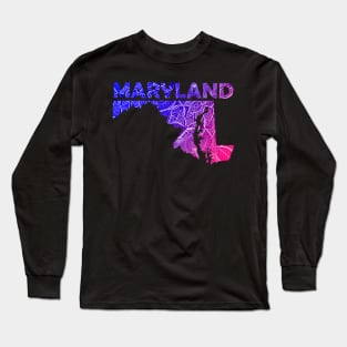 Colorful mandala art map of Maryland with text in blue and violet Long Sleeve T-Shirt